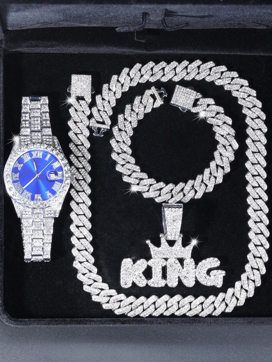 4pcs/Set Hip-Hop Fashion Cuban Bracelet Necklace Set With Quartz Watch And King Pendant Necklace, Men's Jewelry Set, Rapper's Jewelry,Perfect Gift For Dad, Boyfriend, Brother - A - View 1