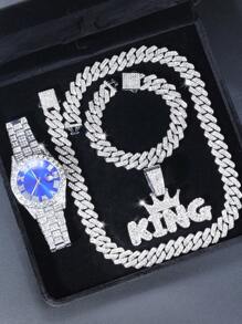 4pcs/Set Hip-Hop Fashion Cuban Bracelet Necklace Set With Quartz Watch And King Pendant Necklace, Men's Jewelry Set, Rapper's Jewelry,Perfect Gift For Dad, Boyfriend, Brother - A - View 2