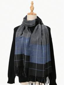 1 件女士经典勃艮第和黑色格子仿羊绒围巾披肩，时尚百搭长流苏围巾冬季秋季 - 格子圍巾 - 查看 10