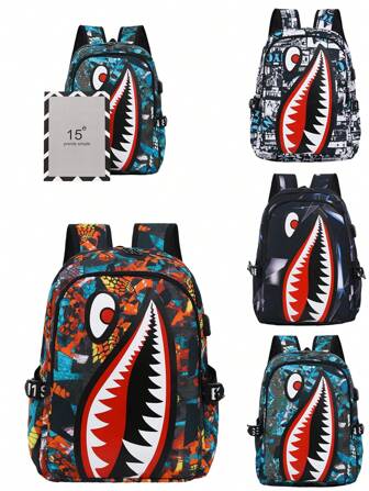 1 件男孩和女孩 14-16 岁喷墨印花尼龙拉链封口背包，大容量校园学生背包，搞笑表情电脑背包，适合日常使用的背包