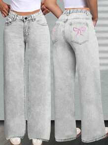 Jeans sueltos y desgastados con lazo bordado para niña preadolescente, silueta de pierna ancha