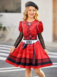 Vestido de disfraz de niña de manga larga y cuello redondo en color rojo, adecuado para juegos de rol, fiestas y actuaciones