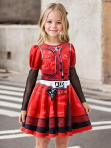 Vestido de disfraz de niña de manga larga y cuello redondo en color rojo, adecuado para juegos de rol, fiestas y actuaciones