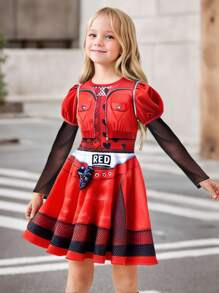 Vestido de disfraz de niña de manga larga y cuello redondo en color rojo, adecuado para juegos de rol, fiestas y actuaciones