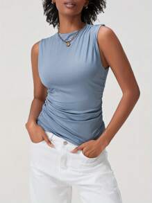 Women's Ruched Tank Tops Slim Solid Color Boat Neck Sleeveless Shirt For Party Club - Blue - View 3