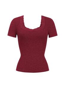 Y2K Women's T-Shirt Solid Color Slim Sexy Short Sleeve Lace Lace Top