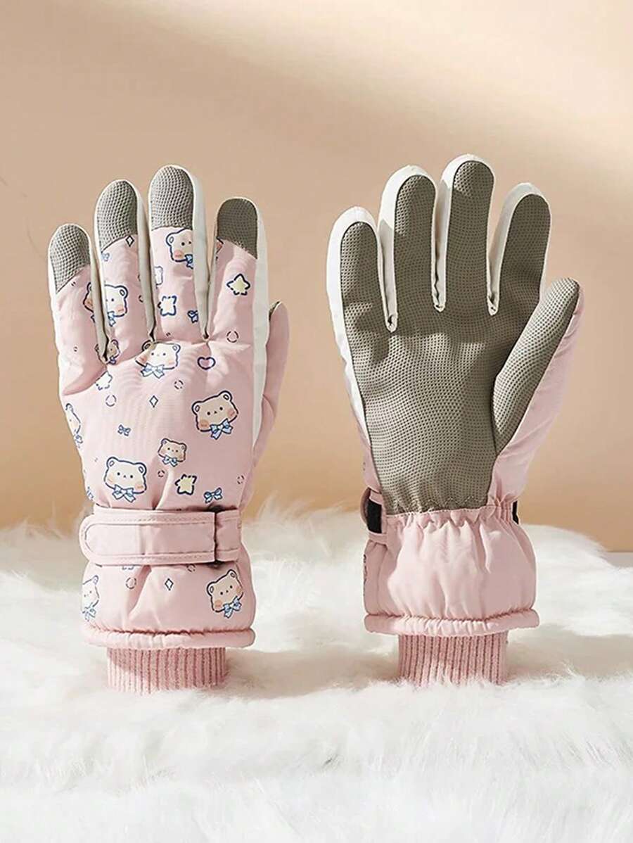 1 双儿童熊猫印花防水加厚保暖冬季手套，适合骑自行车、户外滑冰、雪地