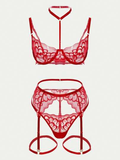 Ensemble de lingerie sexy pour femme, soutien-gorge push-up en dentelle, porte-jarretelles et string