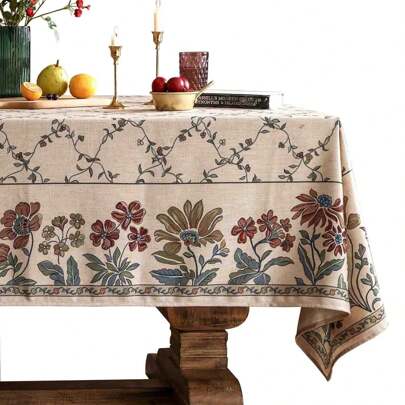 1pc Farmhouse Floral Rectangle Tablecloth, Vintage Linen Leaf & Flower Patterned Table Cover, Suitable For Kitchen, Dining Room, Party, Picnic, Home Decor
