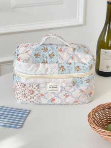 1 Pieza/Set Organizador de cosméticos multifuncional de gran capacidad con estampado floral y de cuadros, bolso de mano con cremallera para almacenar lápices labiales, brochas, productos de cuidado de la piel, artículos de viaje esenciales, bolsa de maquillaje, organizador de maquillaje, regalo para mujeres en vacaciones, invierno, San Valentín, vuelta al colegio