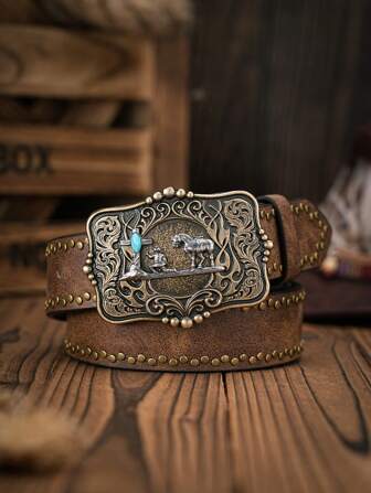 1ชิ้น เข็มขัดหนัง PU สีน้ำตาลวินเทจ สไตล์คาวบอยตะวันตกสำหรับผู้ชาย หัวเข็มขัดโลหะปั๊มลายกะโหลก (ลายแบบสุ่ม)