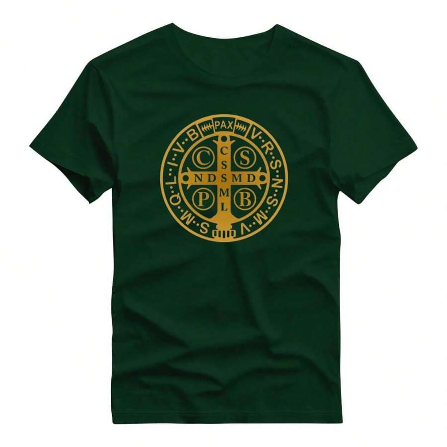 Basic Printed T-Shirt 100% Cotton Shirt With Saint Benedict Medal Print - 綠色 - 查看 1