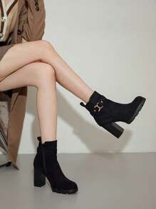 Fashionable Versatile Simple Casual Solid Color High-Heel Ankle Boots - Black - View 3