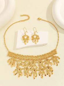 3pcs/Set Vintage Luxury Hollow Heart Necklace & Earring Set For Women, Suitable For Party, Gala, Gift-Giving, Daily Wear