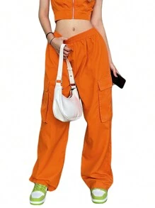 Women's Casual Pants, Elastic Waist Solid Color Straight Leg Pocketed Loose Cargo Trousers - 橘色 - 查看 3