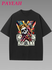Payeah Skull Hands Money T-Shirt 1 Pcs 220g Heavy Cotton T Shirt - 黑色 - 查看 1