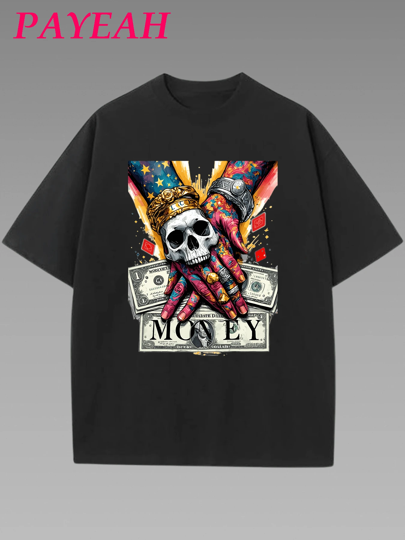 Payeah Skull Hands Money T-Shirt 1 Pcs 220g Heavy Cotton T Shirt - 黑色 - 查看 1