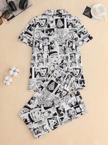 2 件套女士休闲短袖睡衣套装、翻领纽扣衬衫和宽松舒适裤、优雅女士睡衣和家居服、两件套 - 黑色 - 查看 2