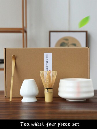 4pcs Set/ Single Bowl Japanese Ceramic Matcha Bowl, Bamboo Whisk, Matcha Scoop, Chasen Stand, Songdai Style Matcha Preparation Tool Set, Japanese Gift Box