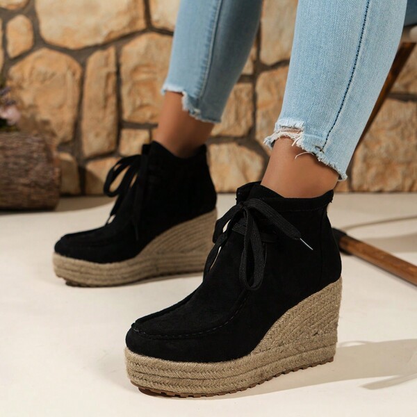 Botas de tobillo con plataforma y cordones de unicolor para mujeres, versátiles y a la moda
