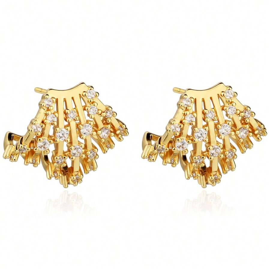 CURVED HOLLOW EARRINGS 18K GOLD PLATED WITH STUDDED ZIRCONIA - 金色 - 查看 1