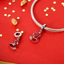 1 件中国风春节舞狮招财猫财神发财红色珐琅幸运符适合原创手链项链银色珠子 DIY 珠宝制作新年礼物送给女孩女士 - 銀色 - 查看 2