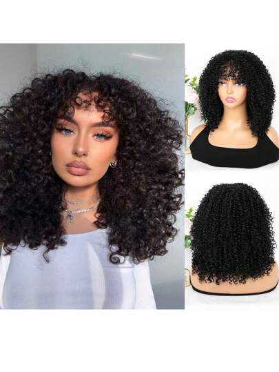 14 英寸小卷黑色假发头饰 柔软非洲发型 女士假发 带刘海的非洲卷发假发 自然短卷发 蓬松卷发 合成耐热假发 弹性黑色非洲蓬松假发 合成头发 大非洲假发 适合日常派对 编织假发 生活使用