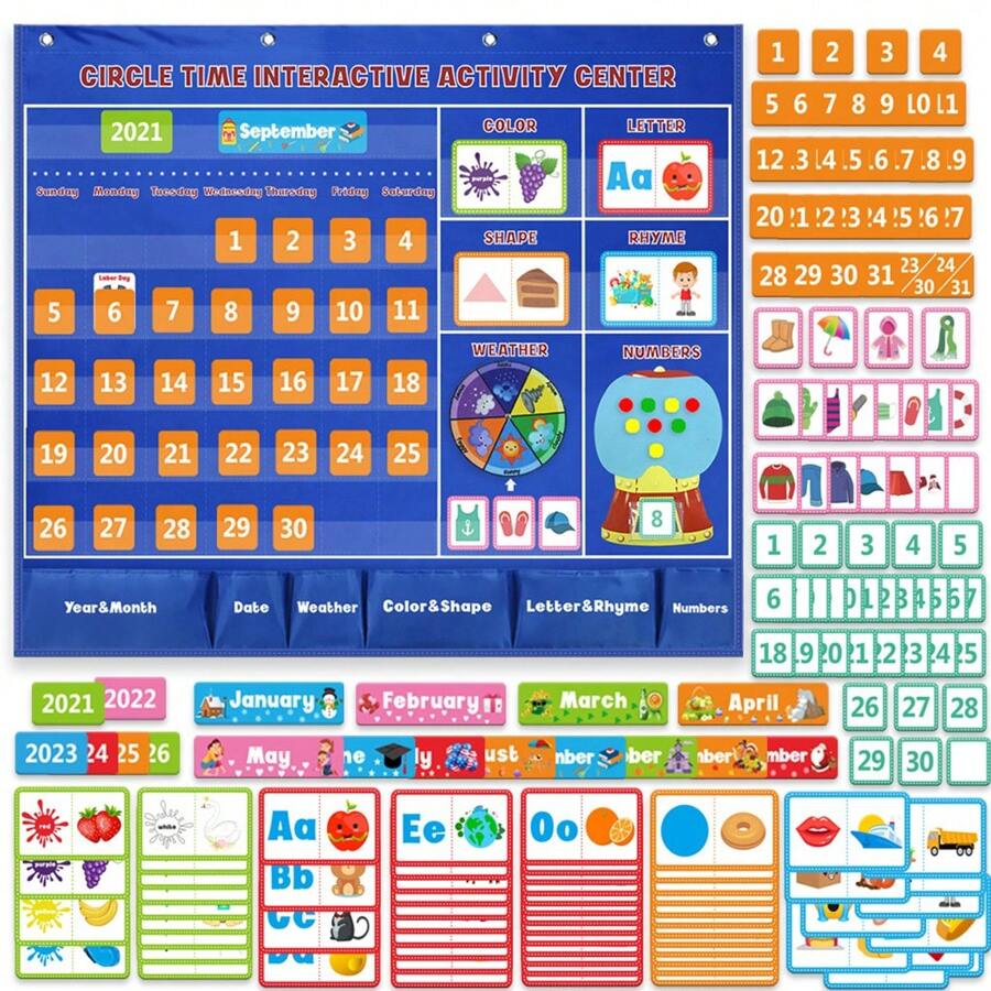 (1 Set) Interactive Educational Calendar, Weather, Color, Shape, Letter, Rhyme Word Learning Center, 105*89CM - Multicolor - View 1