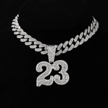 2pcs Iced Out Number 23 Pendant Necklace - 13mm Cuban Link Chain With AAA+ Rhinestones, Hip Hop Bling Jewelry For Men And Women