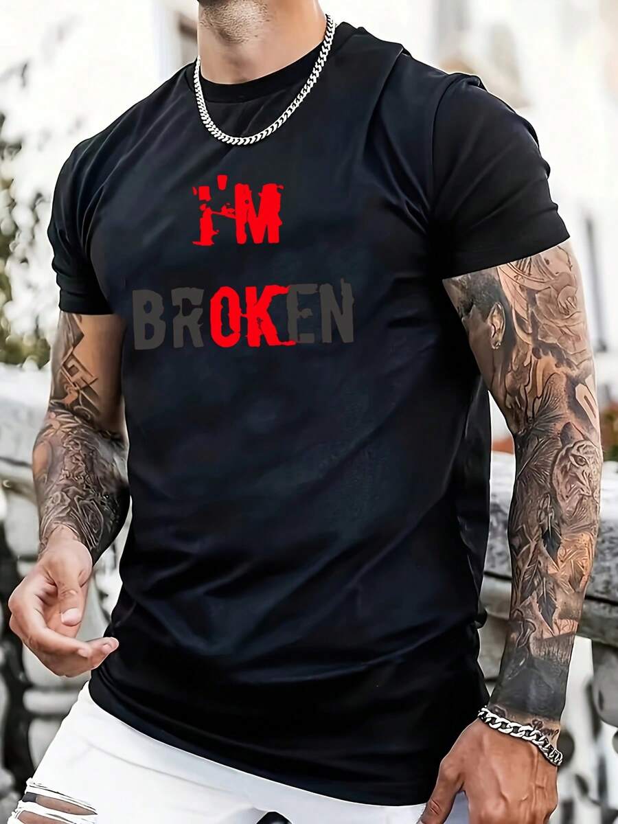 I'M Broken I'M Ok, Men's Front Printed Short Sleeved T-Shirt, A Comfortable And Breathable Casual Top For Summer, Spring, And Autumn - Black - View 1