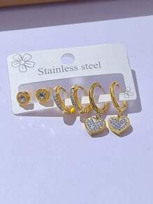 1 conjunto de brincos de argola de zircônia brilhantes da moda, brincos de pino e brincos em formato de coração, conjunto de 3 peças de aço inoxidável para namorados