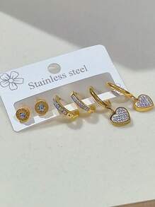 1 conjunto de brincos de argola de zircônia brilhantes da moda, brincos de pino e brincos em formato de coração, conjunto de 3 peças de aço inoxidável para namorados