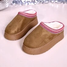 2024冬季新款外貿女款天鵝絨保暖厚底平底包頭拖鞋，鞋底高4.5cm - 黃色 - 查看 8