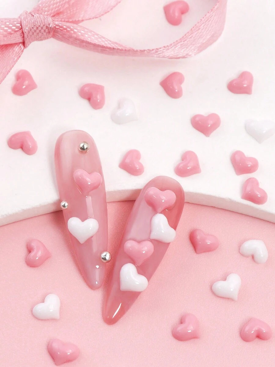 50个可爱迷你爱心美甲装饰，甜美可爱，白色和粉色混合美甲配件，适合DIY情人节美甲设计，美甲用品，美甲宝石