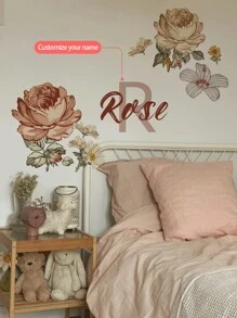 1pc/3pcs Chinese Style Floral Wall Decal, Customized Text Wall Sticker, Personalize Your Signature, Suitable For Home Bedroom, Living Room, Dining Room, Hallway, Entryway, PVC Self-Adhesive Removable Decorative Painting Gifts Birthday Graduation