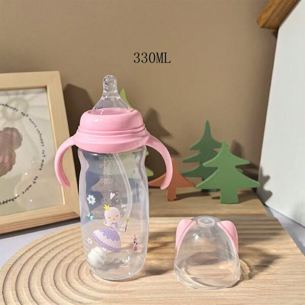 1 pieza Biberón de bebé de 330ml/11OZ con asa, biberón de cuello ancho de PP con pajita, antiderrame, color rosa, suministros de maternidad e infantiles
