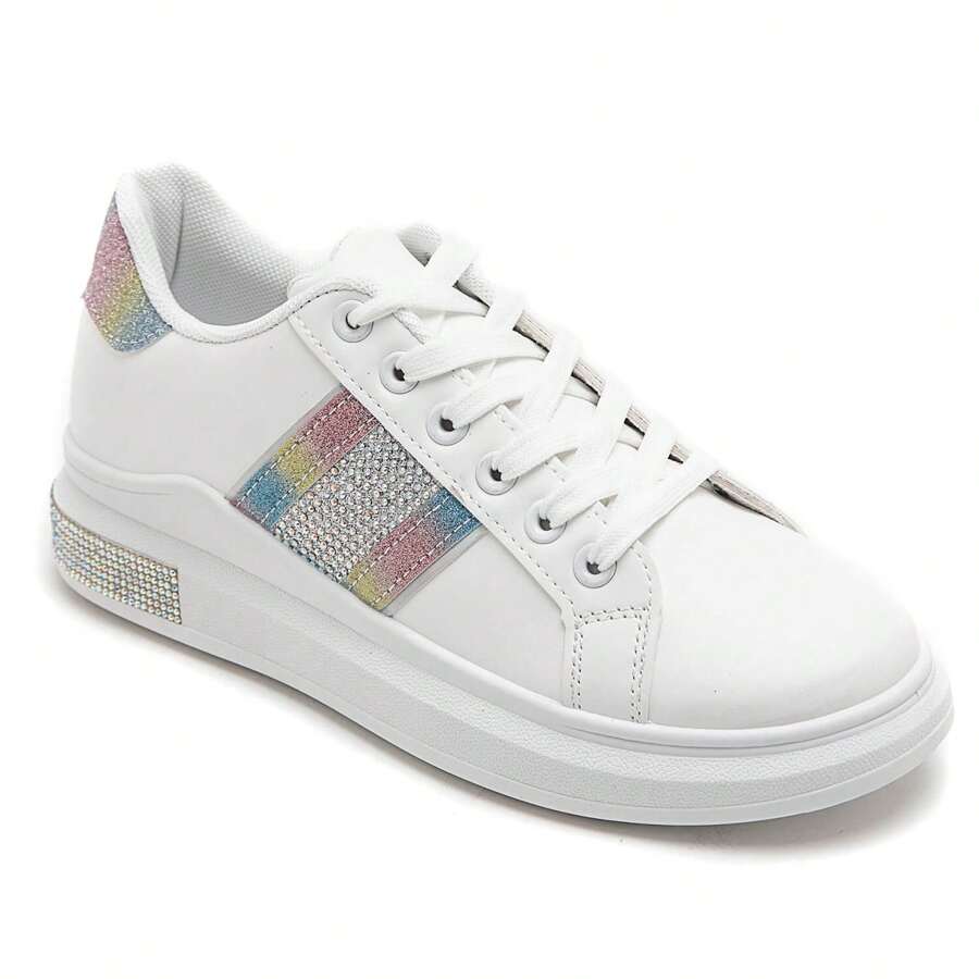 Flat Sneakers With Rhinestone Decoration And Laces - Multicolor - View 1