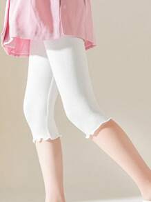 3pcs/Set Kids Solid Color 7/10 Length Leggings With Ruffle Hem, Stretchy - White - View 3