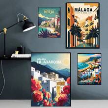 1pc Wall Arts Posters Optional Frame Travel Canvas Poster, Retro Travel Poster Malaga City Canvas Printing Art Village Beach Sunshine Coast Retro Wall Art Picture Mural Home Decoration, Frameless ,Wall Art With Frame - Multicolor - View 3