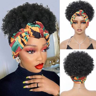 Curly Wigs For Black Women Headband Wig Half For Short Black Wig With Headband Attached Scarf Wigs With Stripe Turban Wrap Wig Short Kinky Deep Jerry Curly Hair Synthetic Wigs
