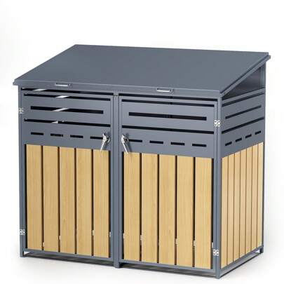 Metal Wheelie Bin Storage For 120-240 Litre, (W) 73 X (D) 85 X (H) 130.5cm, Wood Grain Design Galvanized Steel Bin Shed, Outdoor Bin Cover With Lockable Door For Backyard Outdoor Patio, Garden