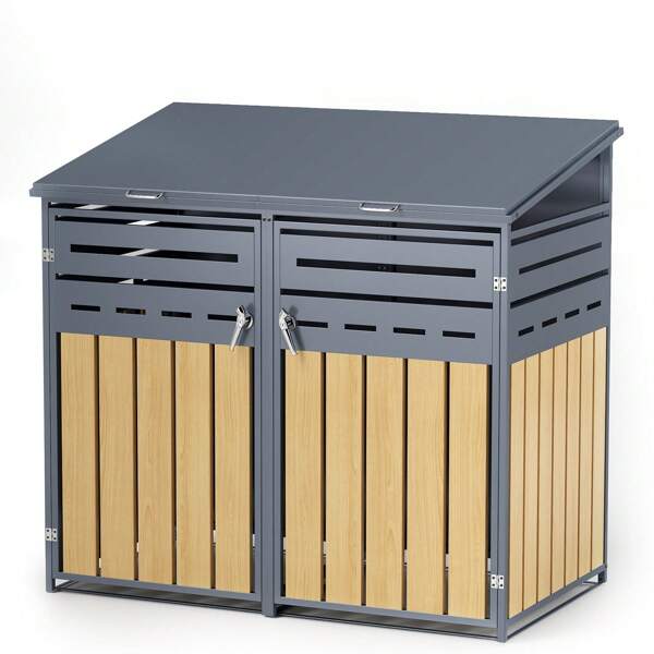 Metal Wheelie Bin Storage For 120-240 Litre, (W) 73 X (D) 85 X (H) 130.5cm, Wood Grain Design Galvanized Steel Bin Shed, Outdoor Bin Cover With Lockable Door For Backyard Outdoor Patio, Garden