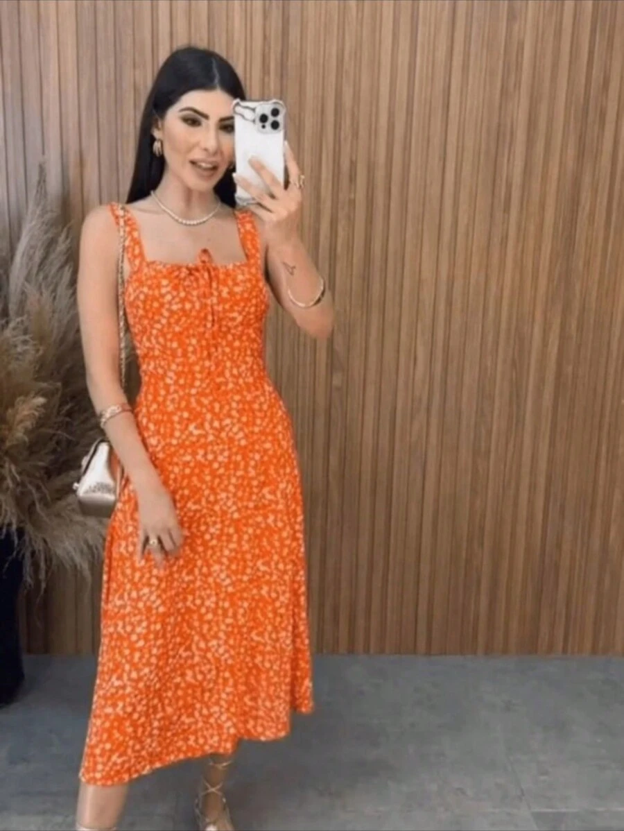 Floral Dress With Built-In Cups, Elasticated Back, Tie Details And Slit At The Hem. - 橘色 - 查看 1