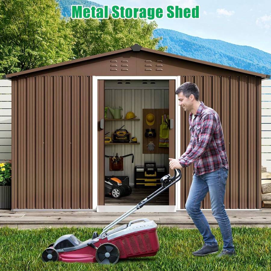 GOCAPTAIN 12 X 8 FT Metal Outdoor Storage Shed, All-Weather Resistant Storage House With Sloping Roof & Lockable Doors, Large Metal Tool Sheds For Patio Furniture, Lawnmower, And Bike Storage - Brown - View 1