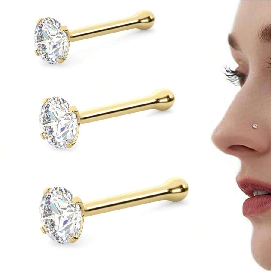 Nhẫn mũi vàng 18k - Khuyên xỏ khuyên bằng thép không gỉ 316L 20g dành cho nam nữ, khuyên mũi tiêu chuẩn hoặc dài đính đá CZ hoặc đá mũi tròn - Nhiều màu - Xem 1