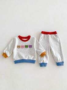 2 pièces/Set Bébé et Tout-petit Décontracté Extérieur Sweat-shirt à capuche en patchwork ours mignon brodé coloré, manches longues, Automne/Printemps