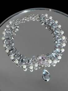1pc Hollow Out Water-Drop Shaped Gemstone & Crystal Inlaid Faux Pearl Choker Necklace For Women - Silver - View 3