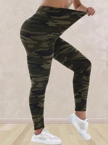 Plus Size Women Camouflage Print Soft & Stretchy Capri Leggings, Casual For Sports, Fitness, Running, Yoga, Daily Wear, Gray Green
