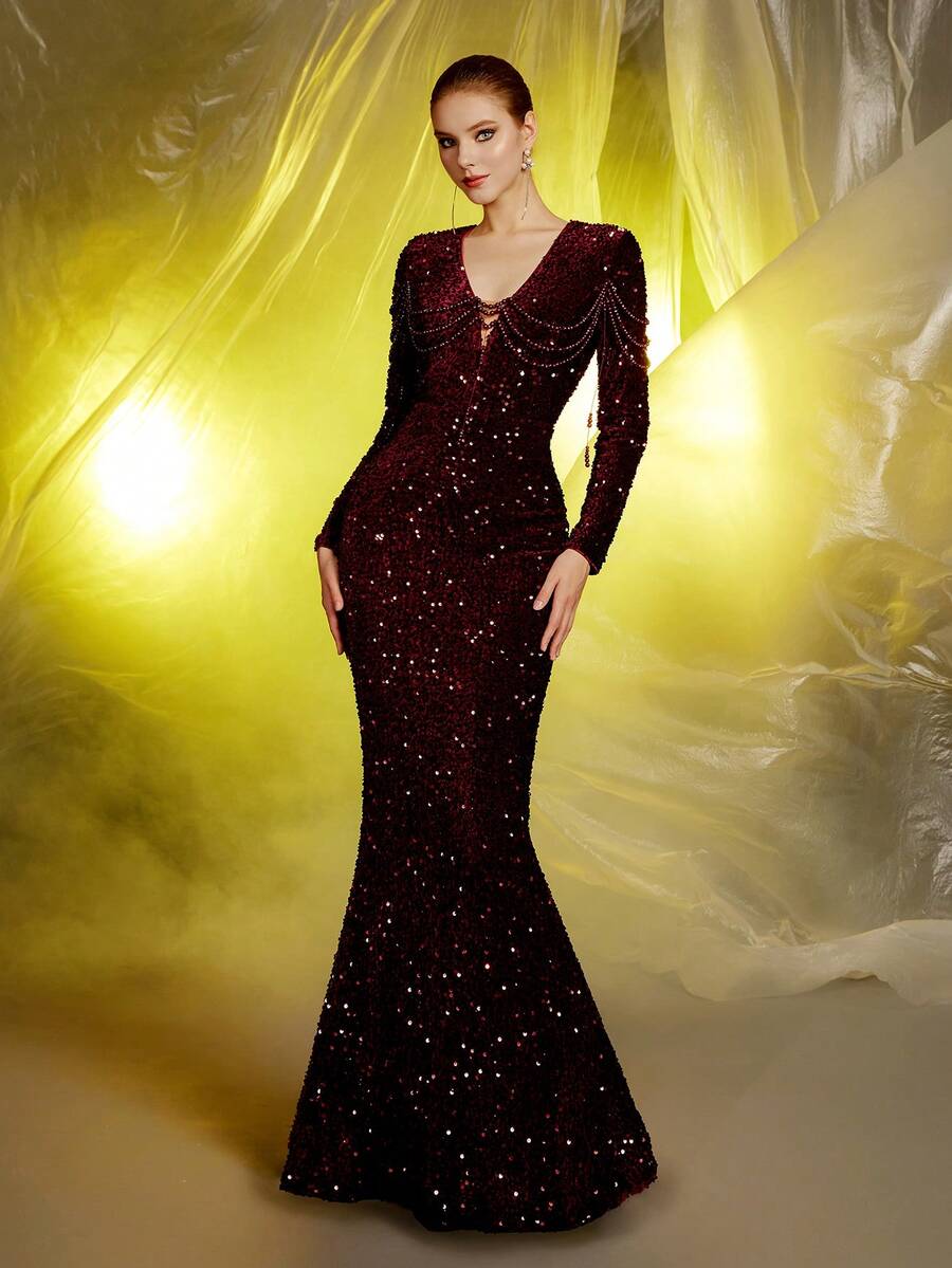 Vestido Longo de Festa Vinho com Decote em V, Manga Longa, Lantejoulas e Contas - Vinho - Visão 1
