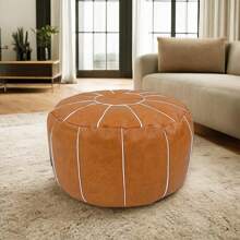 Louis Donné Unstuffed Handmade Moroccan Round Ottoman Foot Stool Pouf Cover Seat Faux Leather Storage Bean Bag Floor Chair Foot Rest For Living Room, Bedroom Or Office Indoor (Orange) - Orange - View 3